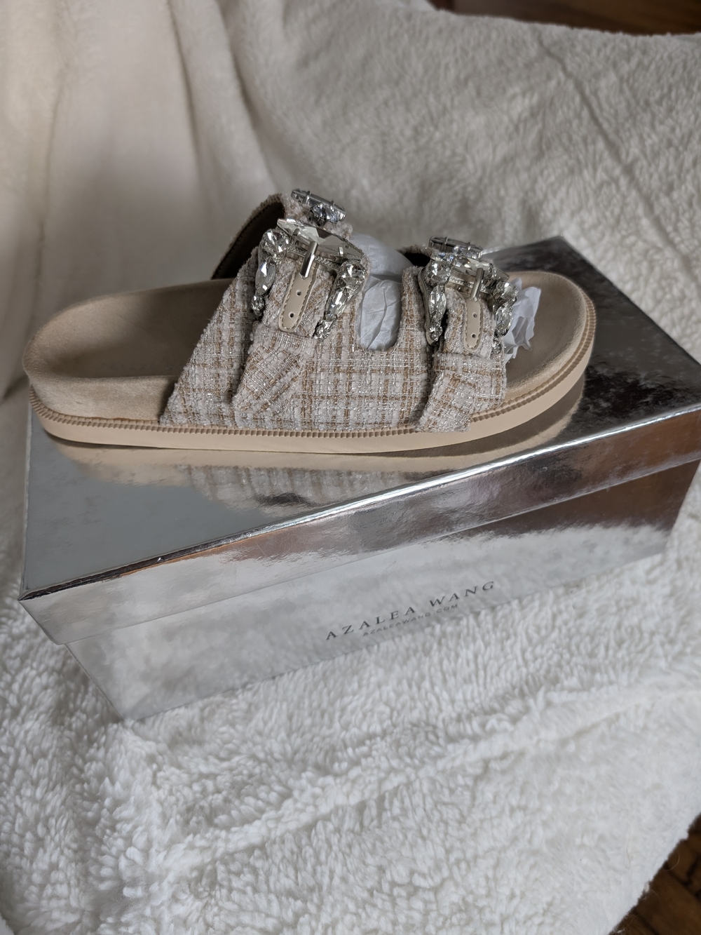 Azalea Wang Beige Tweed Jeweled Double-Buckle Slide Sandals